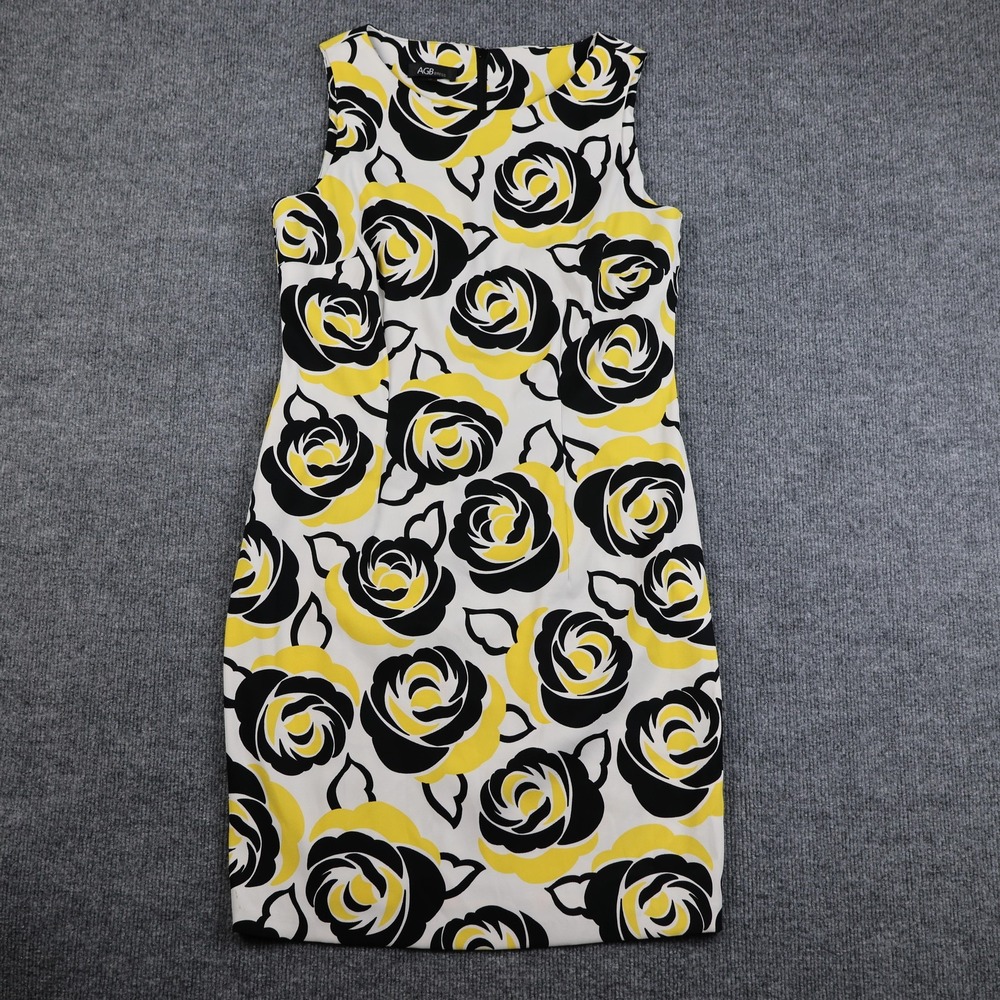 AGB Dress Womens 10 White Black Yellow Floral‎ Print Sleeveless Sheath Stretch